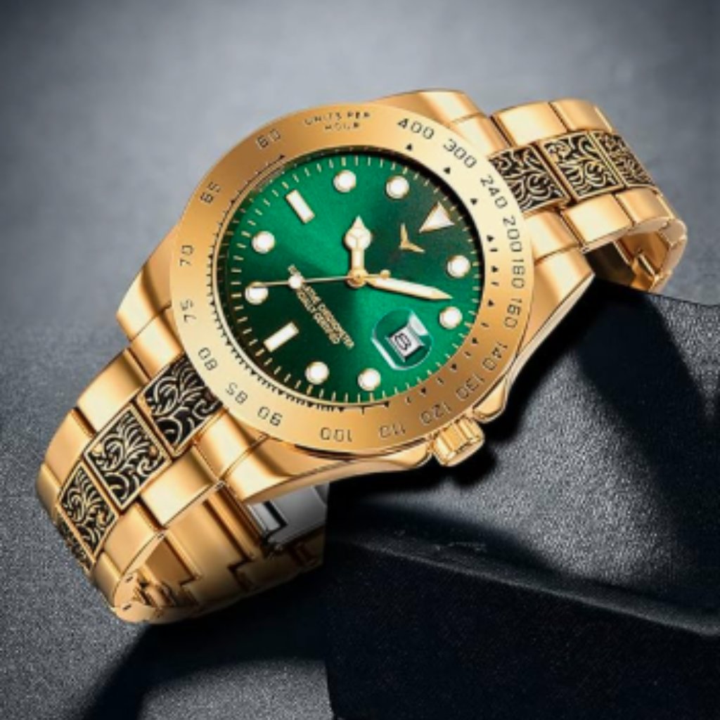 New Mens GoldGreen Carved Luxury Watch